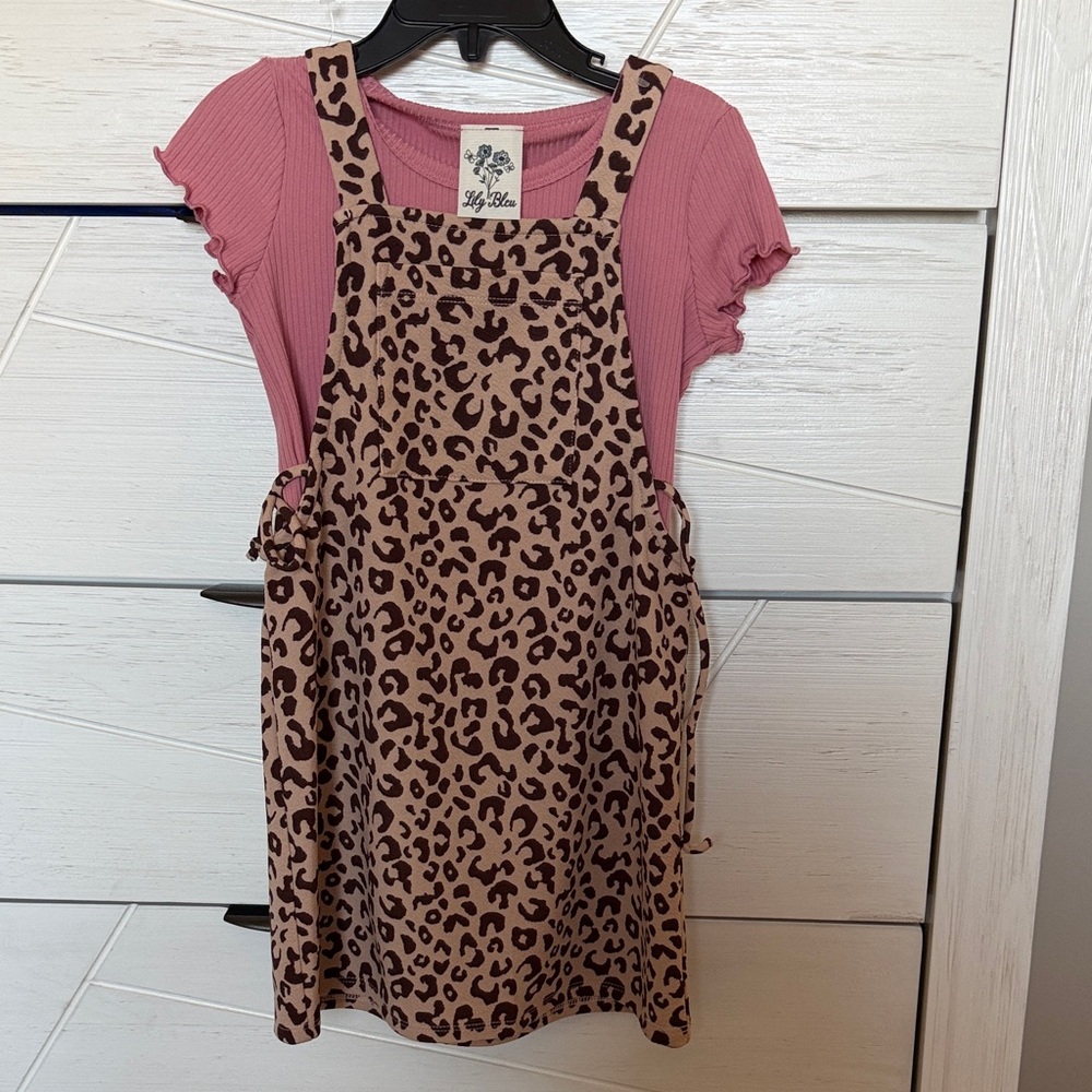 Leopard Print Overall Dress with Pink Top